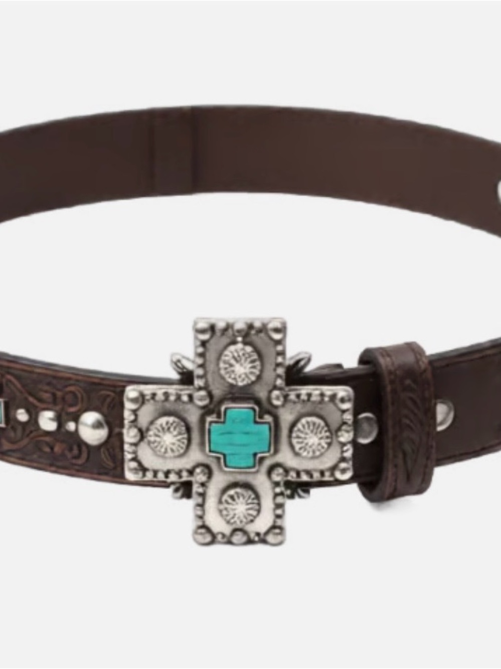 Ariat Brown Leather Belt with Turquoise-Accent Cross Buckle